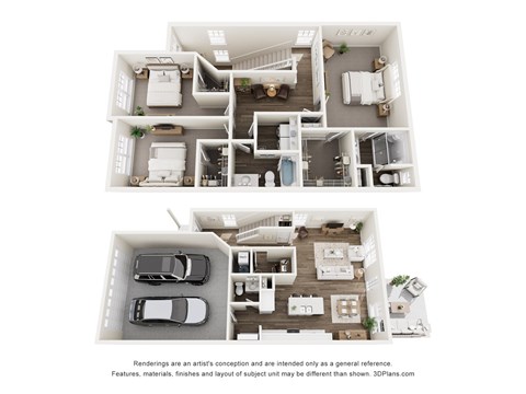 A 3D floor plan of a house with two bedrooms, two bathrooms, a living room, a kitchen, and a garage.
